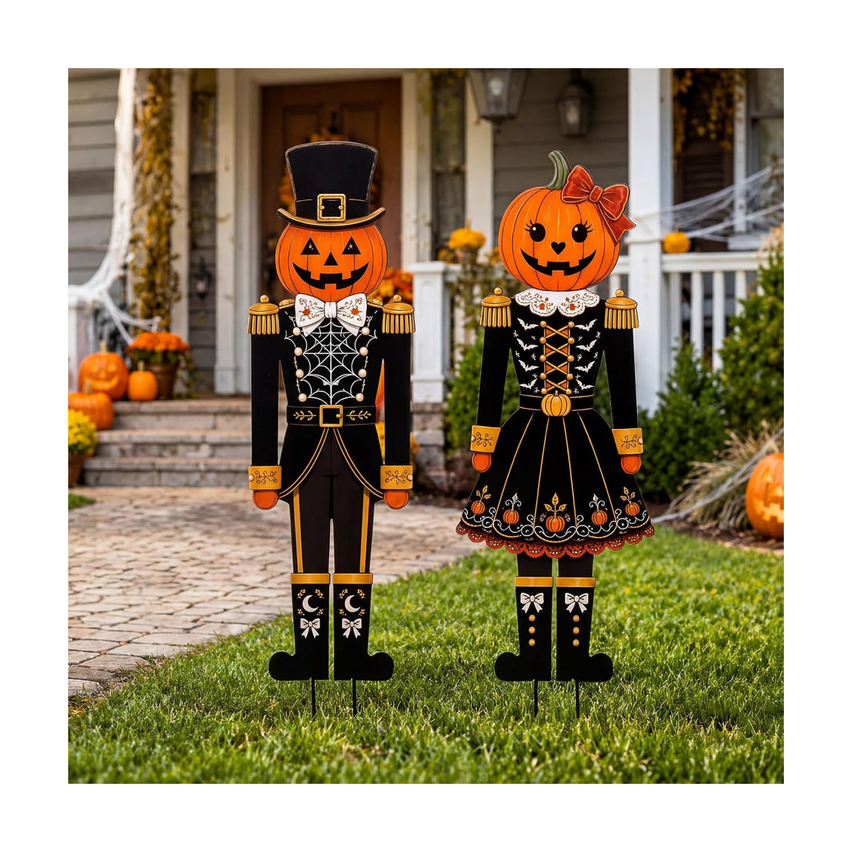 Geelin 2 Pack Halloween Metal Garden Stakes, Pumpkin Nutcracker Couple