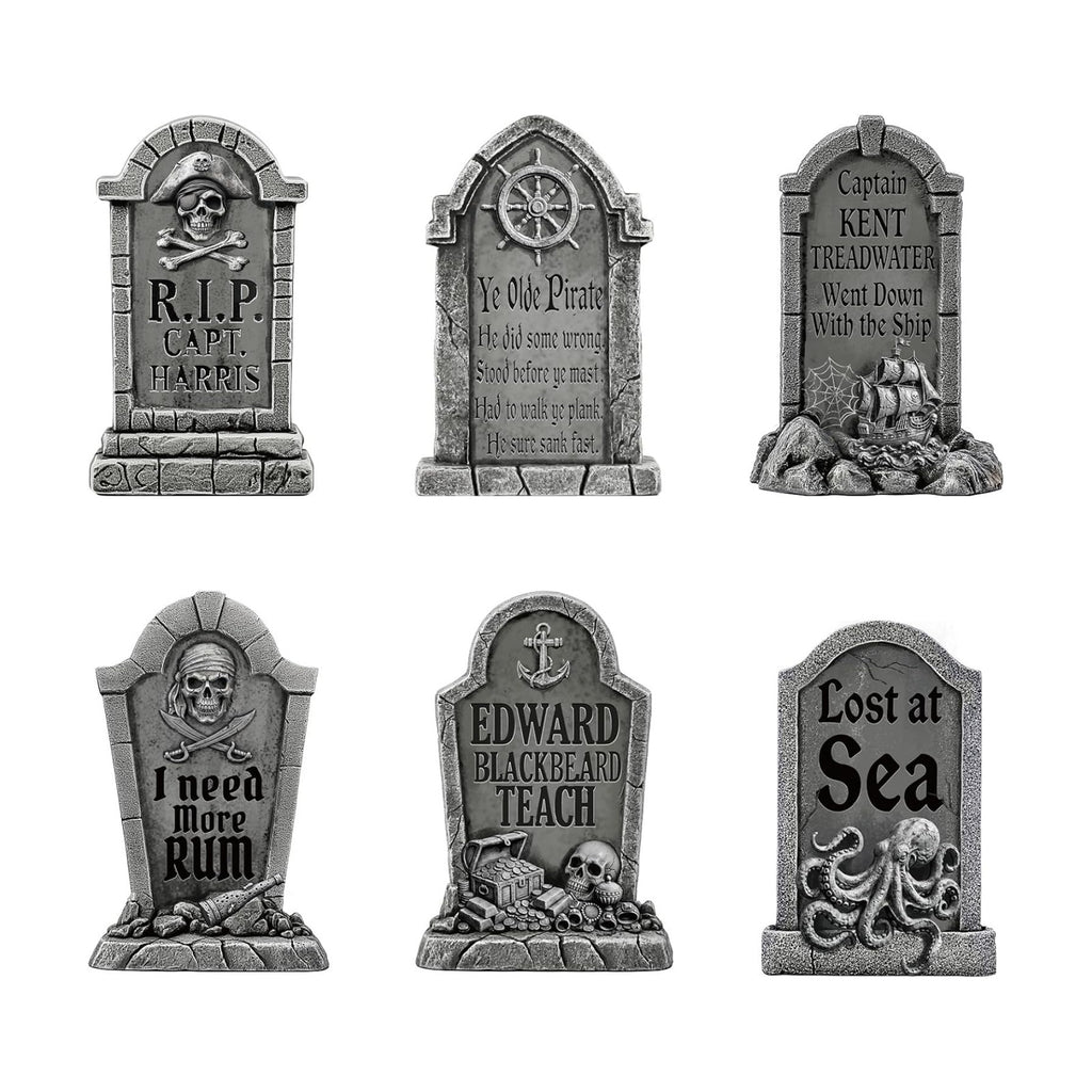 RattanView 6 Pcs Pirate Halloween Tombstones Yard Signs with Stakes 15.8 Inch Waterproof Halloween Yard Signs for Graves Pirate Outdoor Scary Decorations for Garden Lawn RIP Graveyard Tombstone Decor