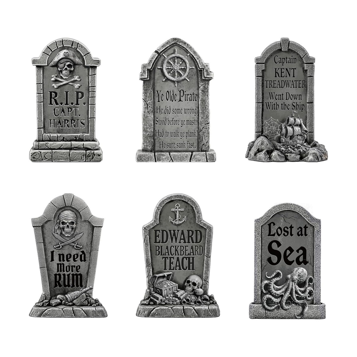 RattanView 6 Pcs Pirate Halloween Tombstones Yard Signs with Stakes 15.8 Inch Waterproof Halloween Yard Signs for Graves Pirate Outdoor Scary Decorations for Garden Lawn RIP Graveyard Tombstone Decor