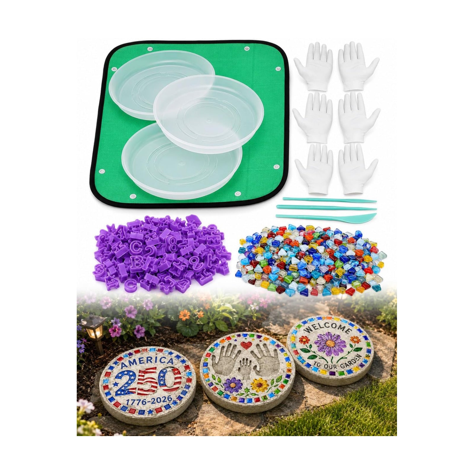 Spocwd 3 Sets 10in Stepping Stones Kit for Kids - Includes Concrete Molds, Mosaic Tiles, Letter Number Stamps & Carving