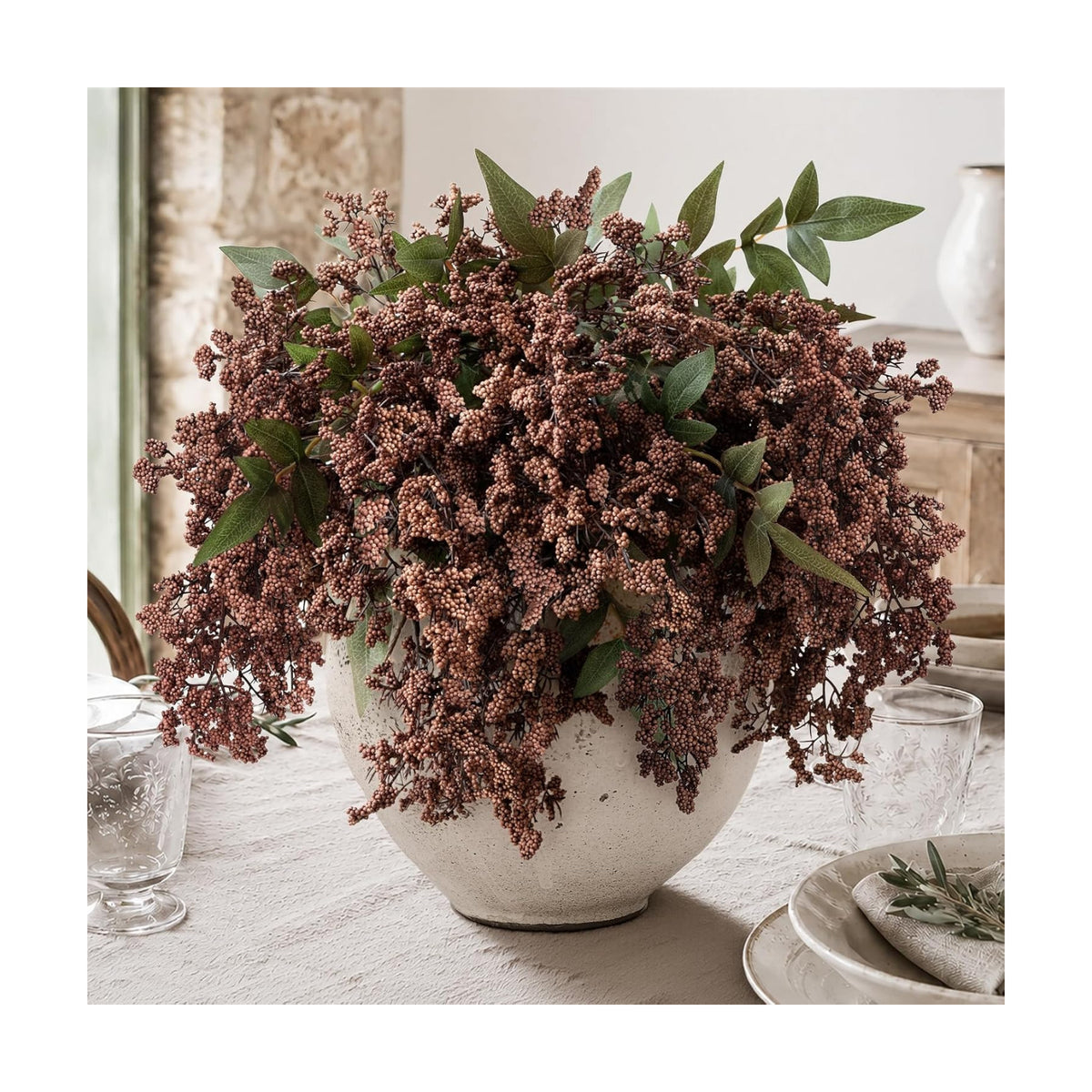 6 Pcs 17'' Artificial Nandina Berry Stems Brown Faux Branches Home Decor