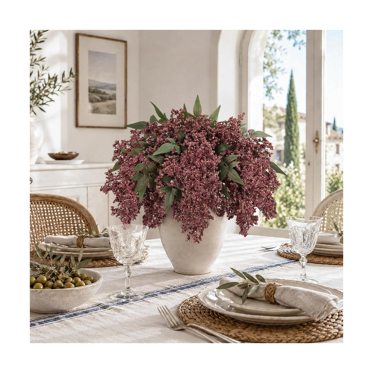 6Pcs 17'' Artificial Nandina Berry Stems Muted Burgundy Branches Home Decor