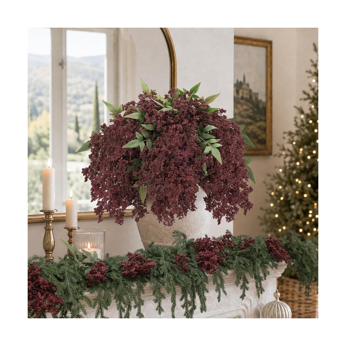 6 Pcs 43'' Artificial Nandina Berry Stems Burgundy Faux Branches Home Decor