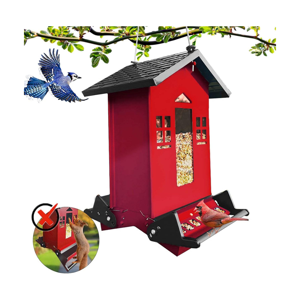 Squirrel Proof Bird Feeders for Outdoors, 6LB Metal Hanging Bird Seed Feeders, Large Wild Feeders for Cardinals,Backyard (Red)