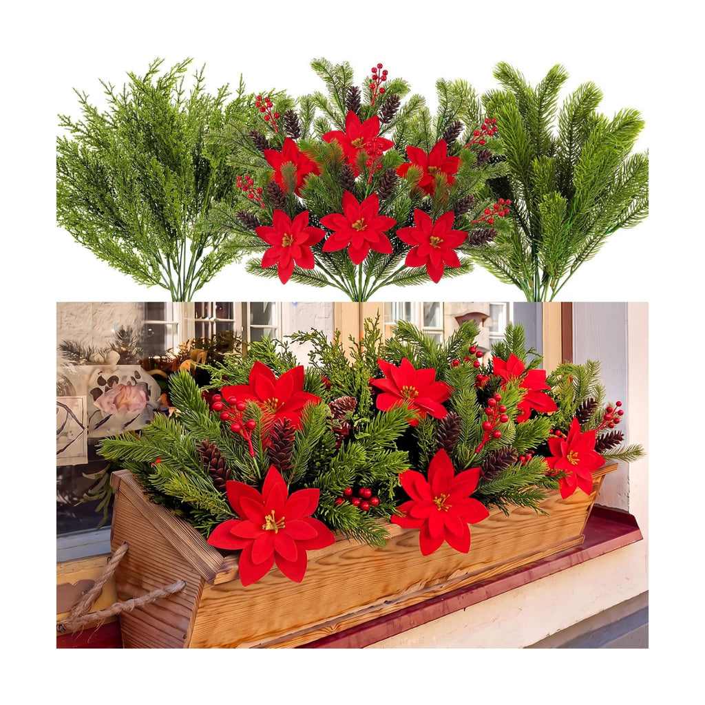 24 Pcs Christmas Artificial Flower Plant Outdoor Window Decor, Green Plant