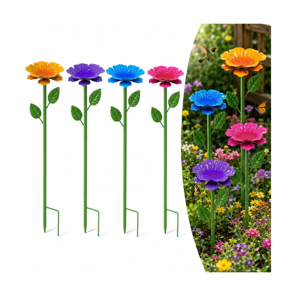 4 Pack Bee Watering Stations for Garden, Metal Flower Butterfly Feeders, Colorful Bee Bath Bowls with Adjustable Stakes