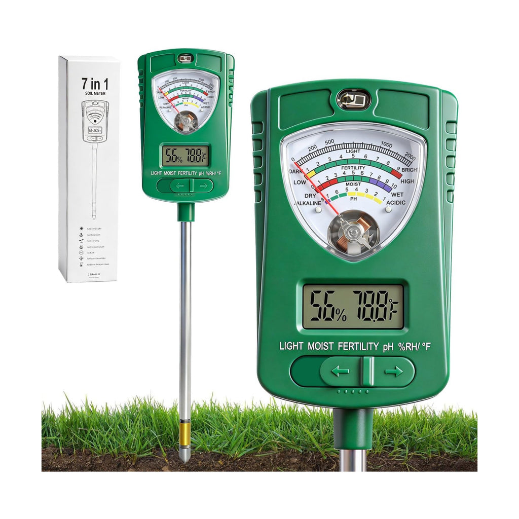 7-in-1 Soil Test Kit with 90° Rotatable Head, Soil Tester for Moisture/pH/Light Intensity/Fertility, Digital Screen for