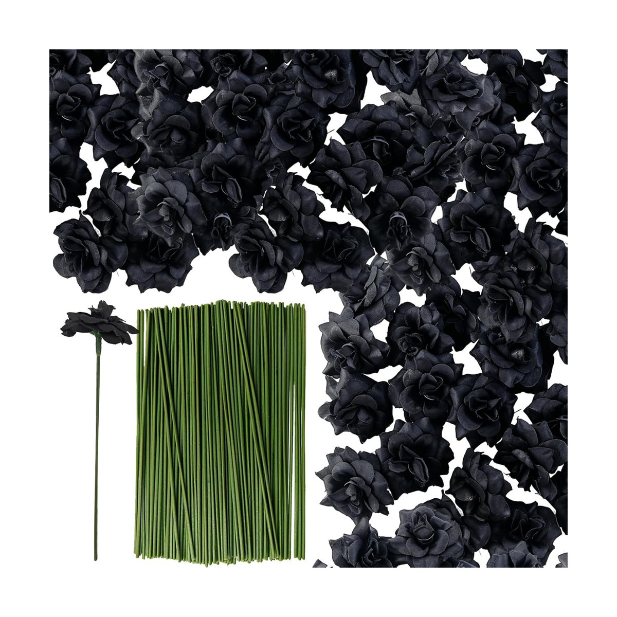 RONYOUNG 55PCS Artificial Mini Roses with Stems, Silk Fake Flower Heads, 1.77 Inch, Black, for Wedding, Halloween, Crafts, Home Decor