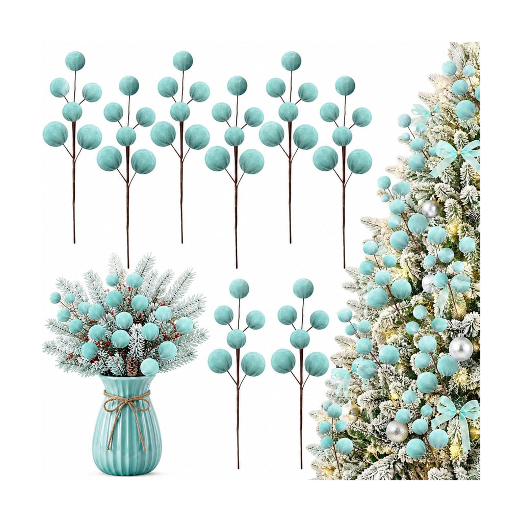 Suncalla 8 Pcs Velvet Christmas Tree Picks, Teal Ornament Stems