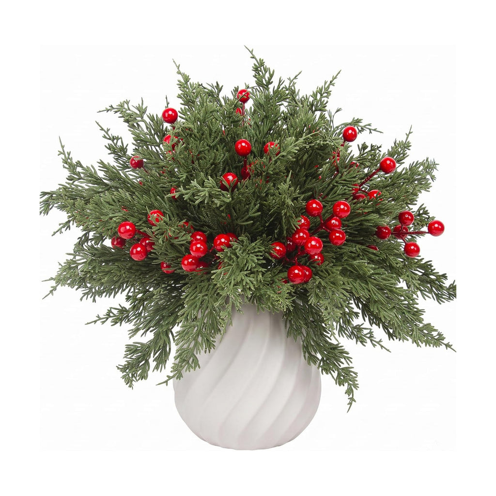 lovemoon 70Pcs Christmas Artificial Pine Stems with Red Berries, Faux Cedar Branches, Fake Christmas Greenery Pine Picks with Berries Stems for DIY Crafts, Garland Wreath & Home Xmas Decor (70)