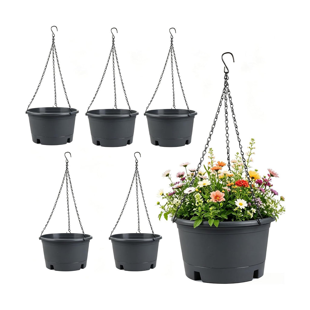 6 Pack 10 Inch Hanging Baskets for Plants Outdoor with Removable Trays | Plastic Hanging Planters with 15.7" Chain
