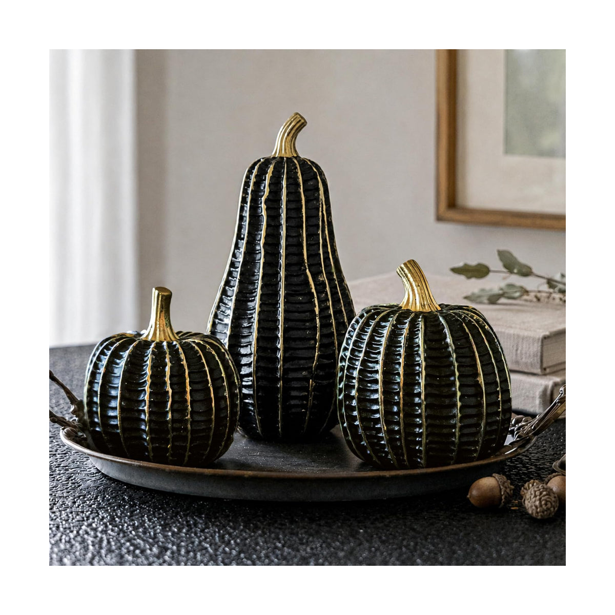 Pumpkin Fall Decor Indoor, 3Pcs Resin Black & Gold Pumpkin for Decorating