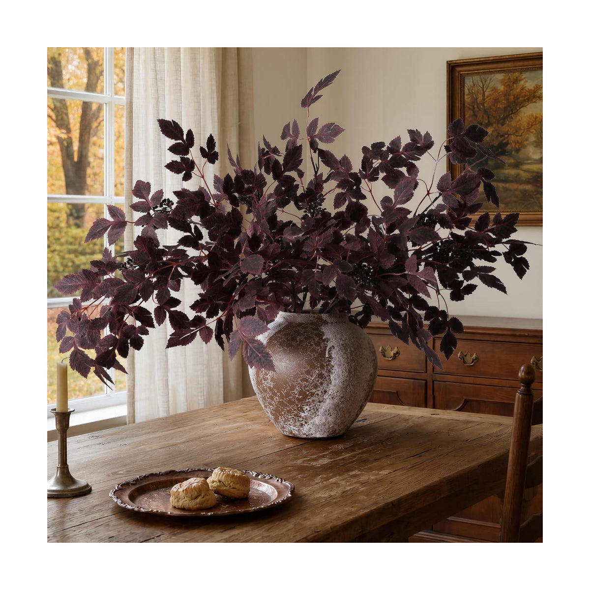 HyeFlora Artificial Cimicifuga Plant Leaf Spray Stems 4PCS Fake Greenery Branches 28.7 in Faux Leaves Real Touch Silk Plants DIY Stem for Vase Festival Home Kitchen Garden Farmhouse Decor (Burgundy)