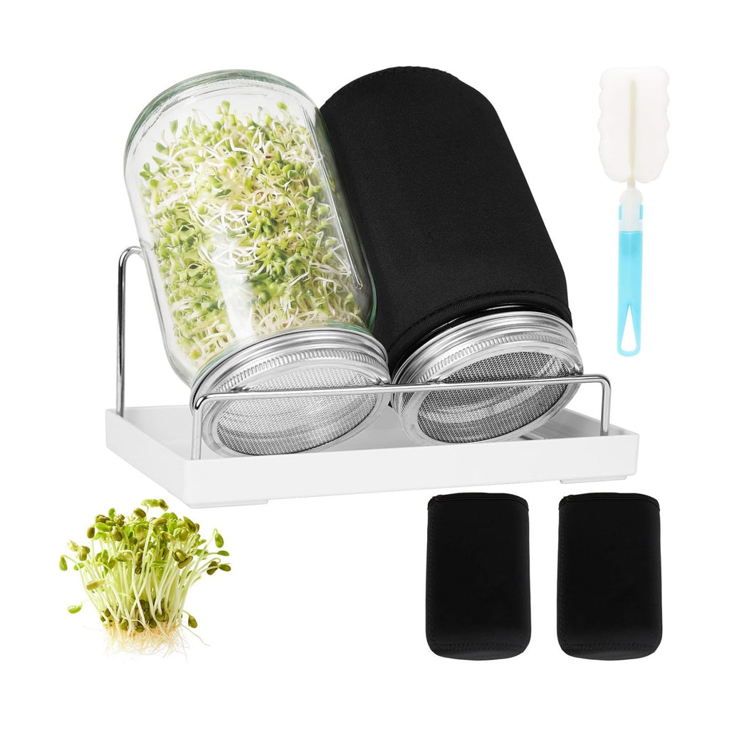 Seed Sprouting Jar Kit, 2 Wide Mouth Quart Mason Jars with Stainless Steel Screen Sprout Lids, Drip Tray, Stand