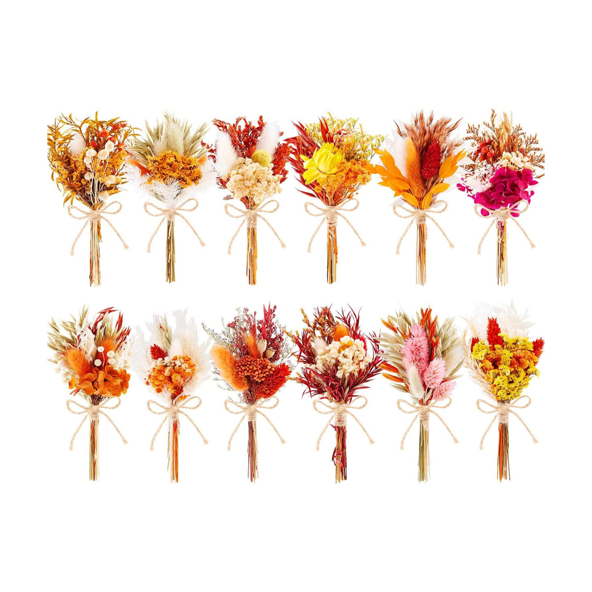 12pcs Fall Dried Flowers 6-7" Mini Boho Floral Bouquet Assortment