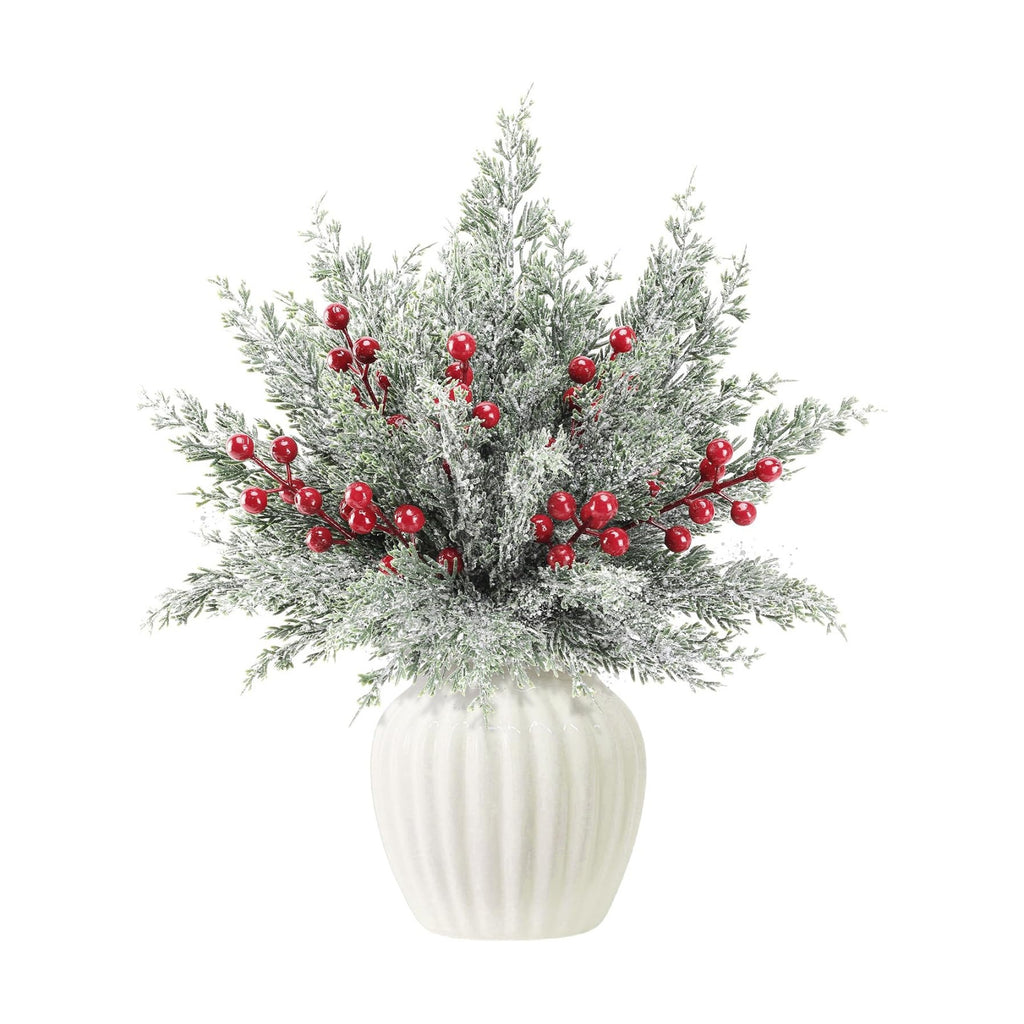 35Pcs Christmas Snow Pine Branches with Red Berries,Snowy Norfolk Pine Stem