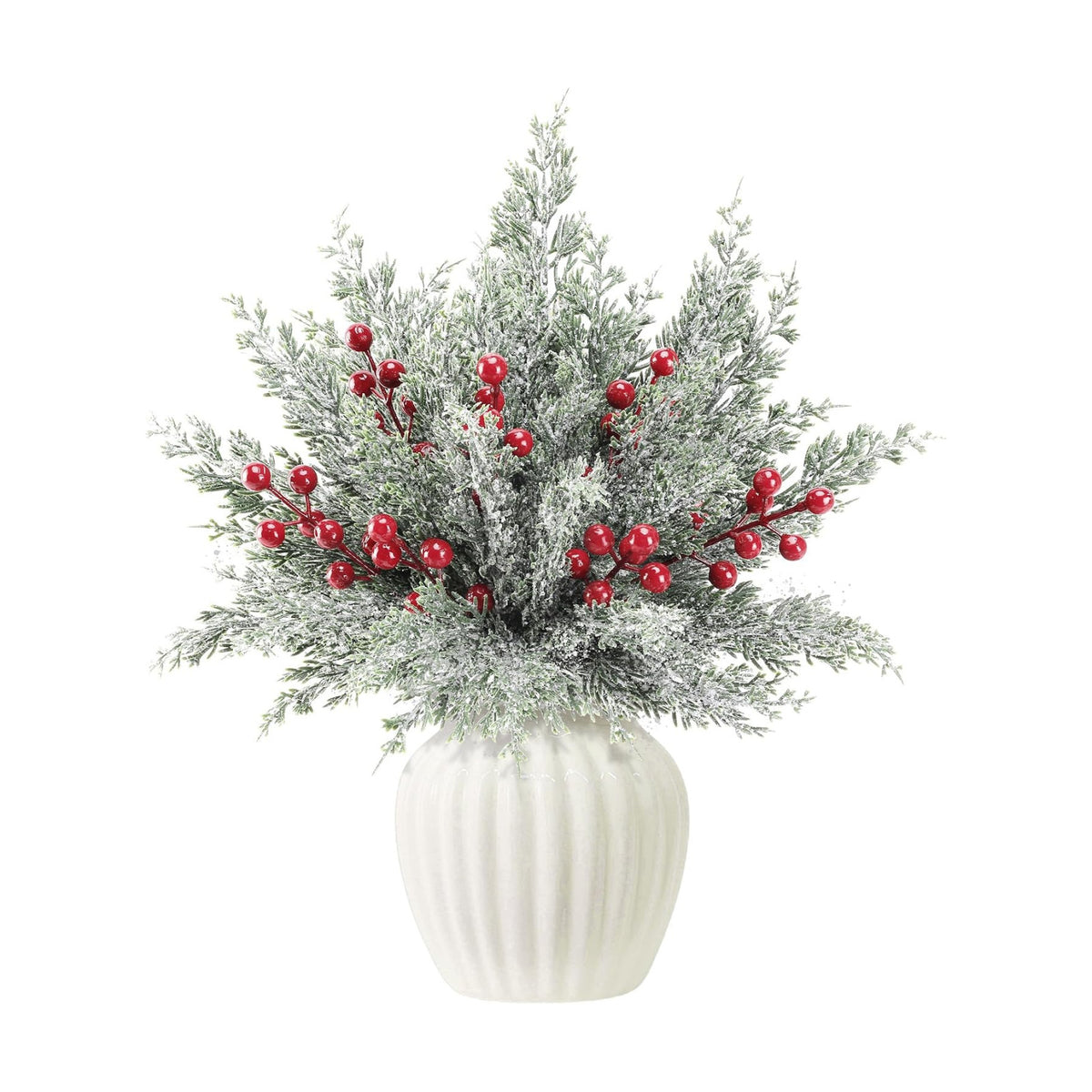 35Pcs Christmas Snow Pine Branches with Red Berries,Snowy Norfolk Pine Stem