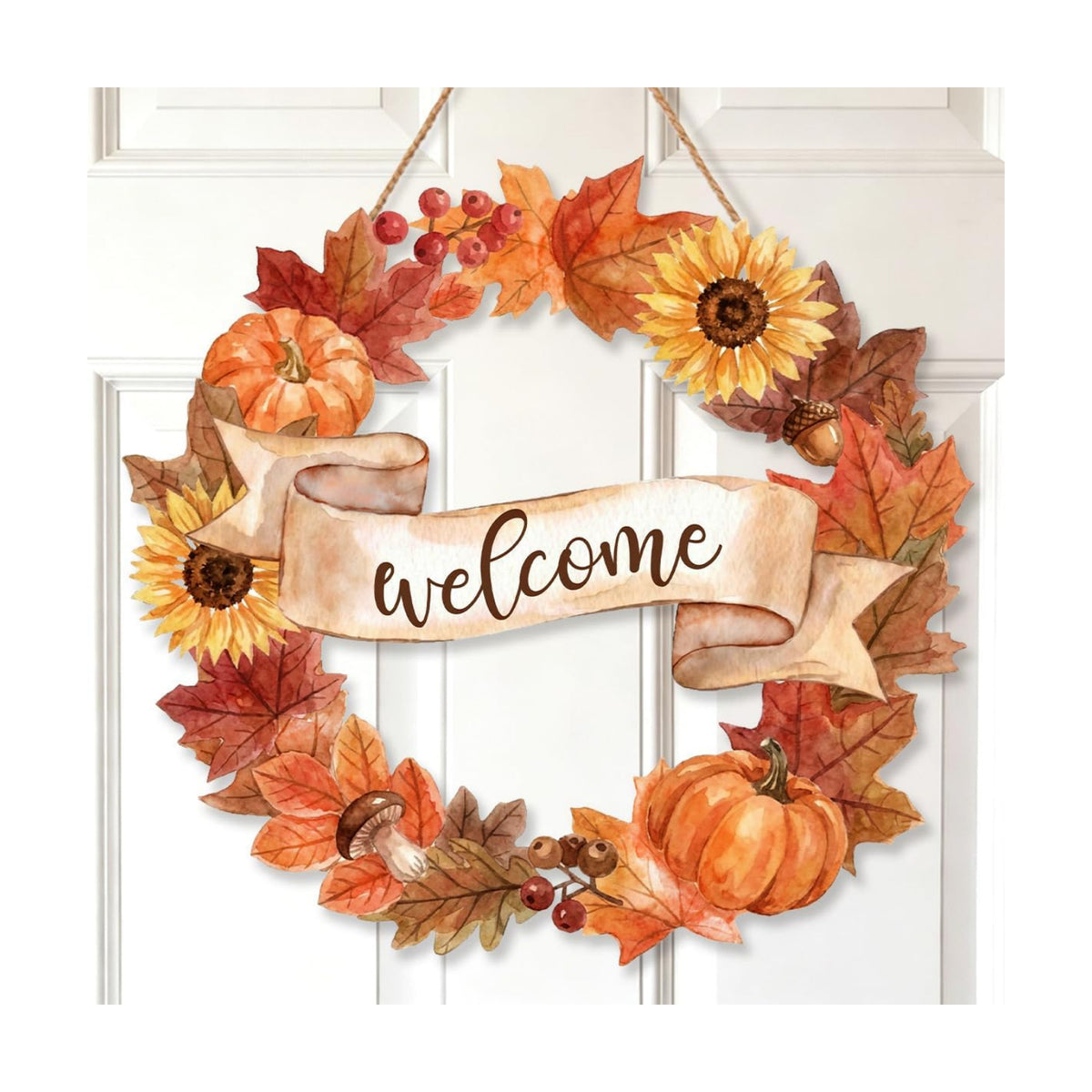 Fall Welcome Wreath Sign Wooden Maple leaves Pumpkins for Front Door