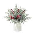 50Pcs Christmas Snow Pine Branches with Red Berries,Snowy Norfolk Pine Stem
