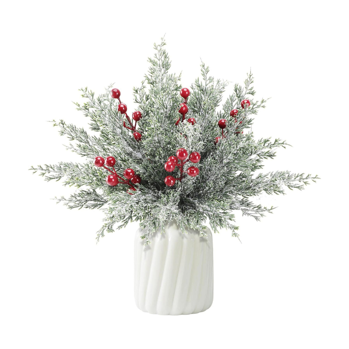 50Pcs Christmas Snow Pine Branches with Red Berries,Snowy Norfolk Pine Stem