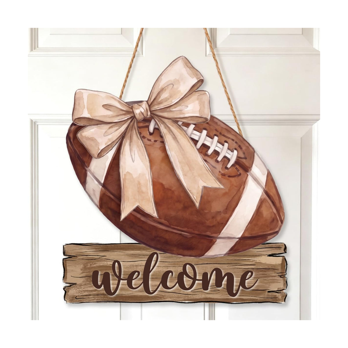 Fall Football Welcome Wreath Sign Wooden Beige Bow for Front Door