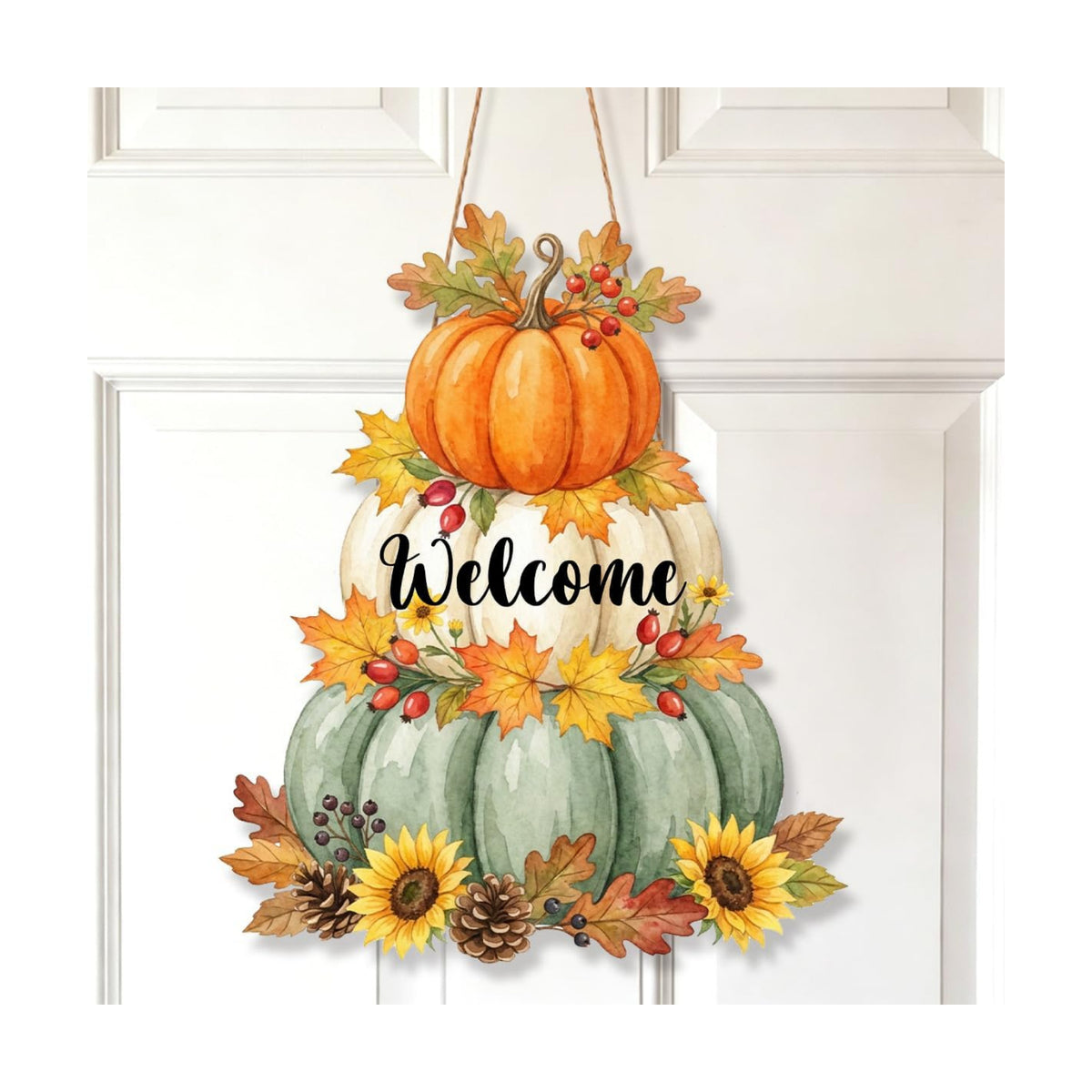 Fall Welcome Wreath Sign Wooden Pumpkins Maple leaves for Front Door