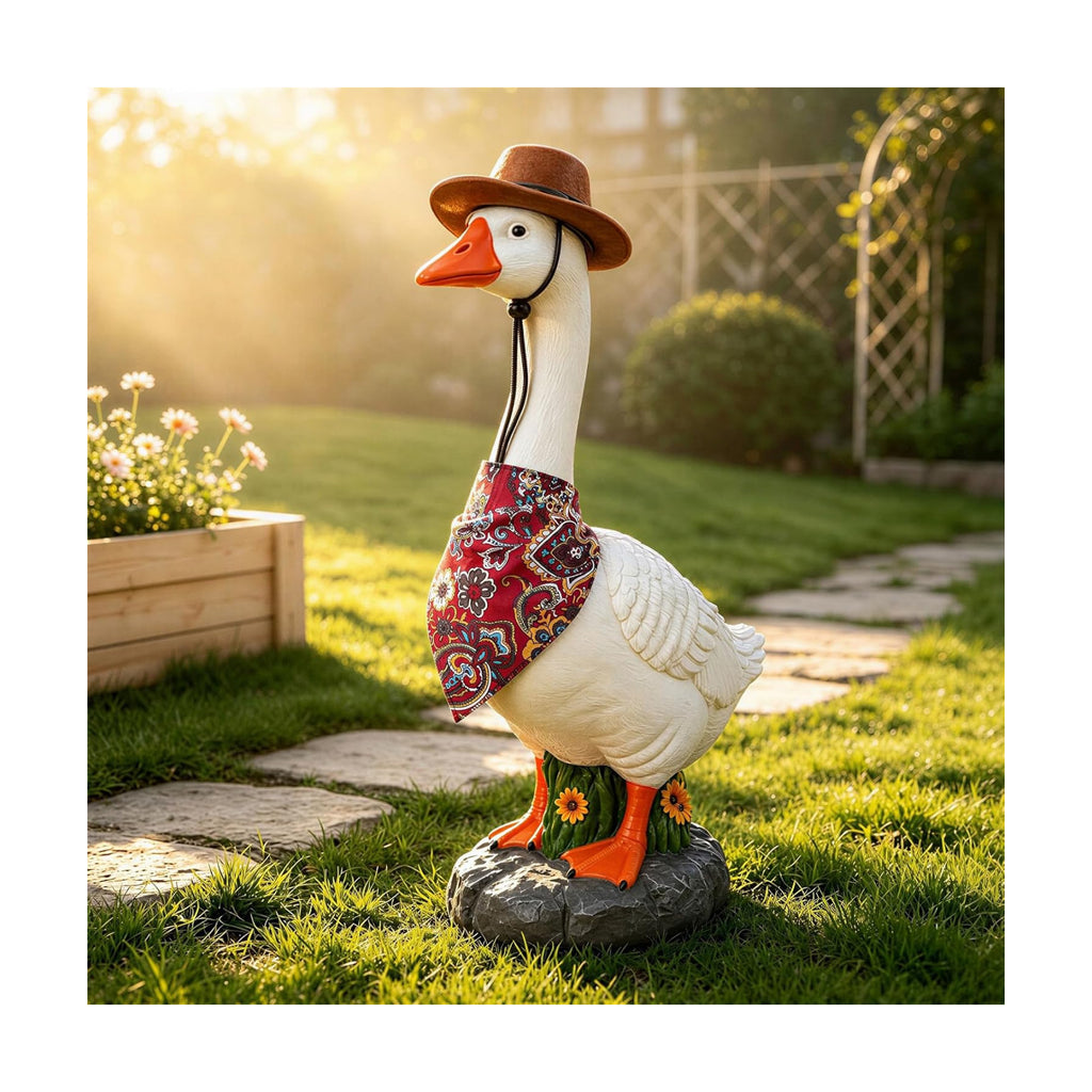 23Inch Porch Goose Statue, Hollow Resin Garden Goose with Removable Cowboy Hat & Bandana, Sand-Fillable Base for