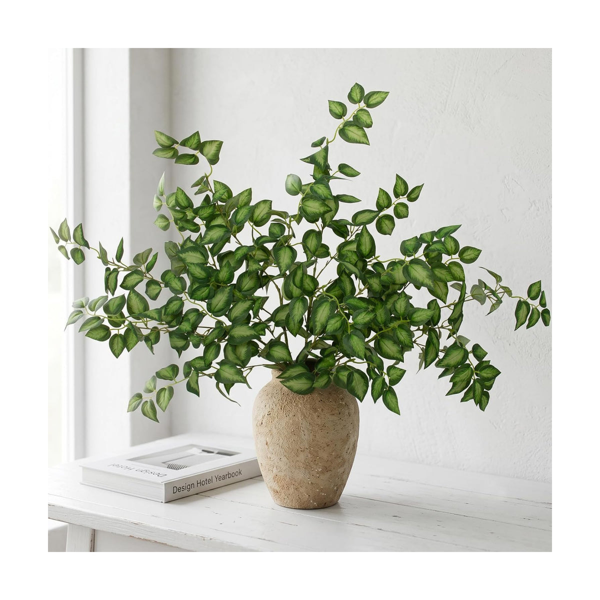 Daynight 6 Pcs Artificial Eucalyptus Leaves Stems, 35″ Long Stem Silk Plum Foliage Branches, Flexible Silk Faux Greenery for Farmhouse, Home, Kitchen and Table Centerpiece DIY Decor (6, Green)
