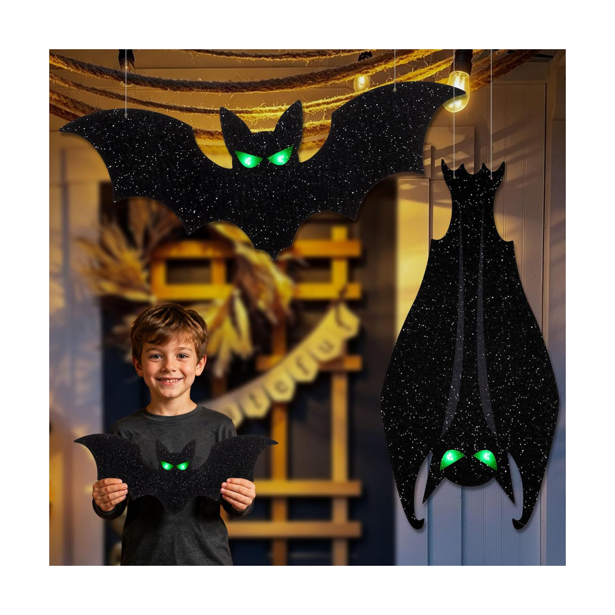 CCINEE 2Pcs Lighted Halloween Hanging Bats, 15in Glitter Black Bat Ornaments with Glowing LED Eyes, Indoor Outdoor Halloween Decor for Yard, Window, Ceiling, Tree, Haunted House Party