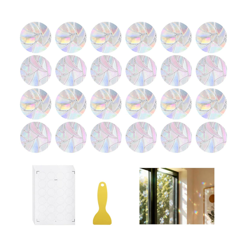 144 Pcs Static Circle Anti-Bird Collision Window Clings, Non Adhesive Prismatic Vinyl Rainbow Suncatcher Stickers, Reusable Window Decals to Prevent Bird Strikes with Scraper