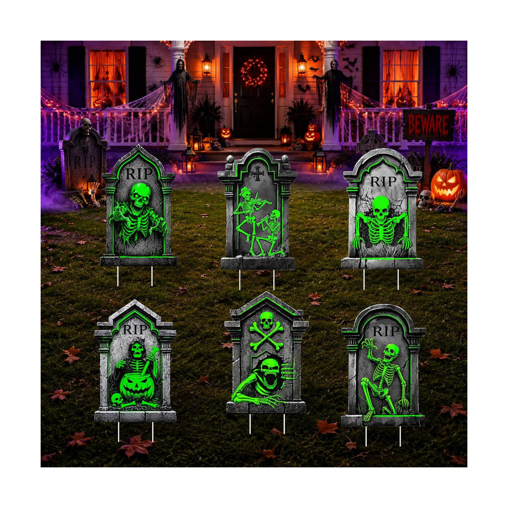 6Pc Halloween Glow in The Dark Skull Yard Signs Decorations Outdoor