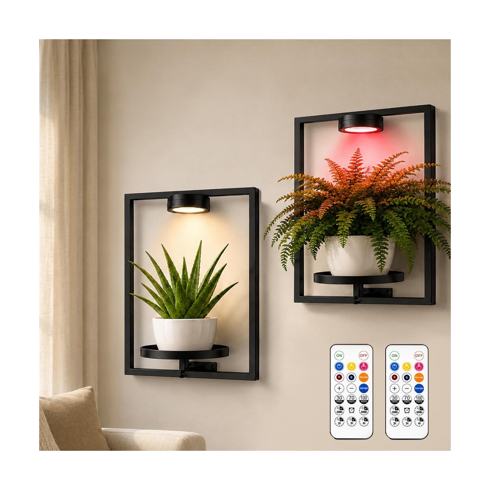 2 Pack Plant Wall Shelf with Grow Light, Wall Mounted Indoor Plant Shelf | Rechargeable Cordless Magnetic Grow Light