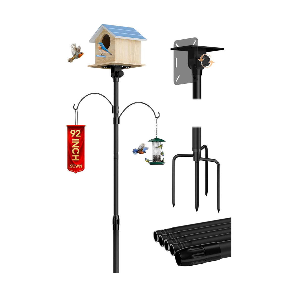 92 Inch Bird Feeder Pole, Heavy Duty 1-Inch Stainless Steel Stand