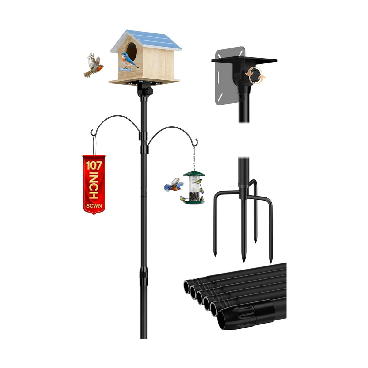 107 Inch Bird Feeder Pole, Heavy Duty 1-Inch Stainless Steel Stand