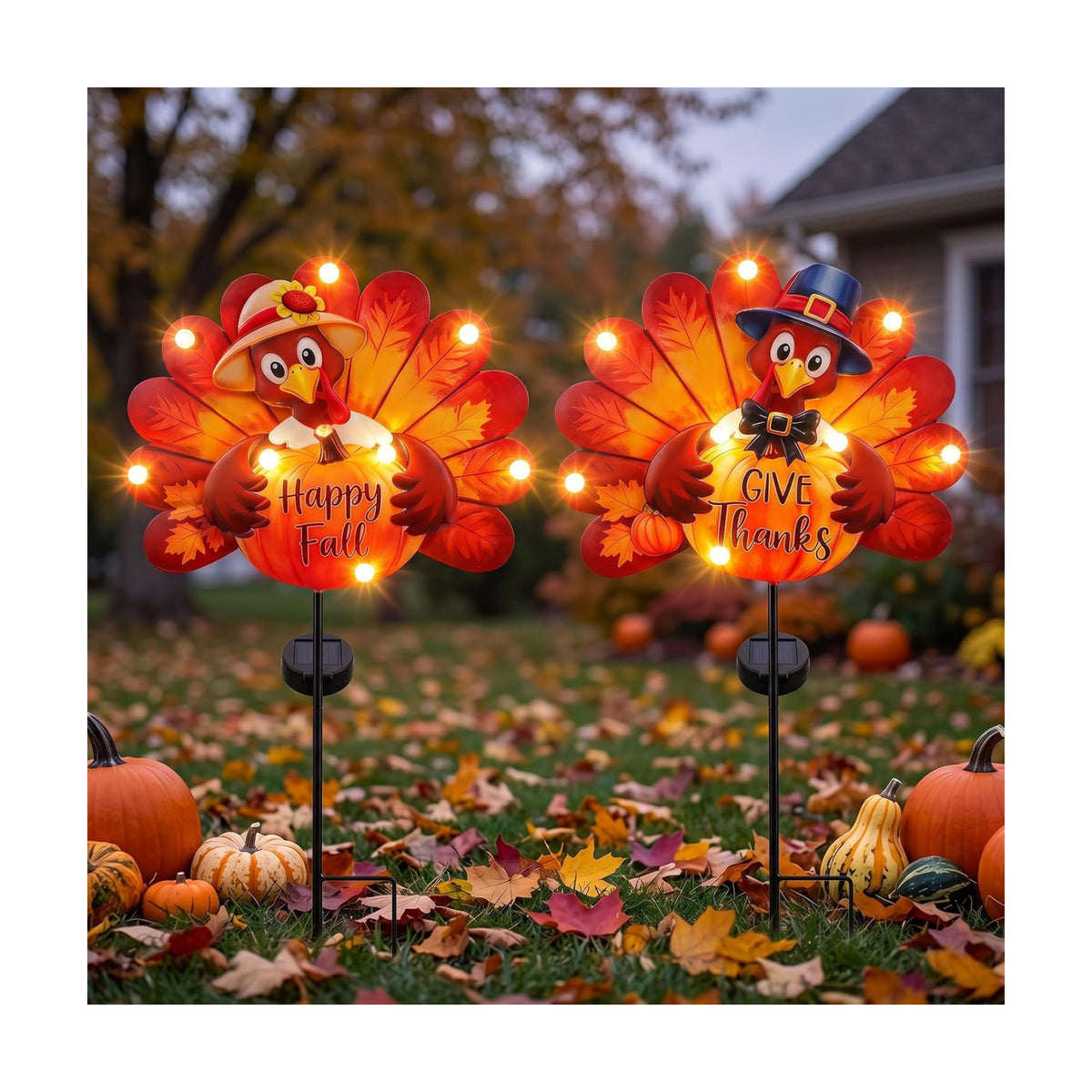 Lewondr 2PCS Thanksgiving Decorations Solar Fall Turkey Garden Stakes