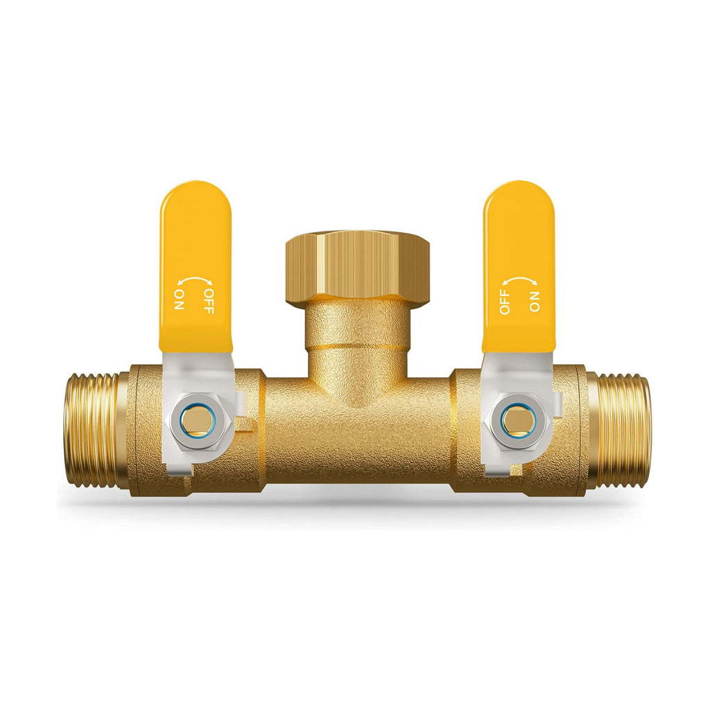 Hose Splitter 2 Way, Heavy Duty Brass Garden Hose Splitter | 0.59" Full Flow Ball Valve Outlet, Shut-Off Valve, 3/4"