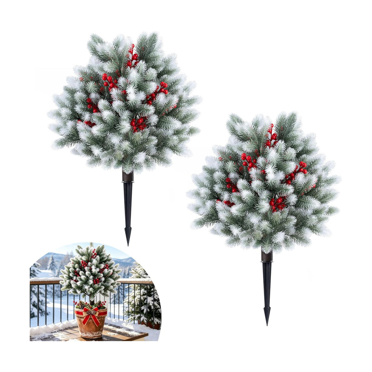 Goplus Artificial Cedar Topiary Ball Trees Set of 2, 27.5" Faux Pine Needle Bushes with Ground Spikes, Sun-Resistant Indoor Outdoor Fake Shrub Plants for Front Porch, Patio, Yard Winter Decor