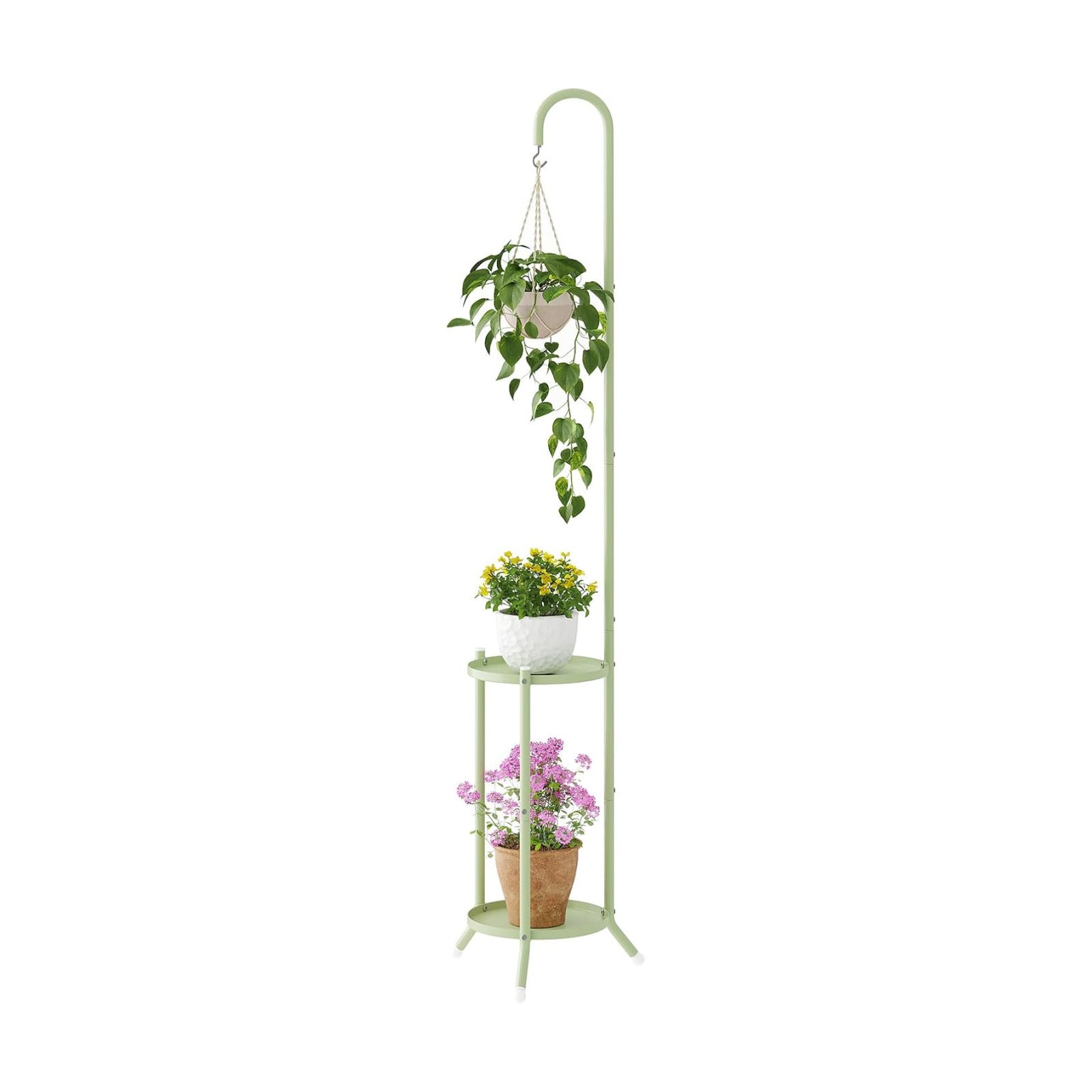 2-Tier Metal Plant Stand with Hanging Hook,Green | rustproof iron shelf for indoor/outdoor use. Holds planters, bird