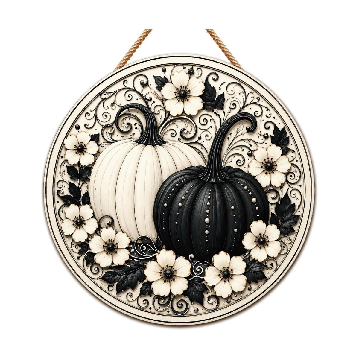 Fall Decor - Black and White Pumpkin Wreath Door Sign for Front Door