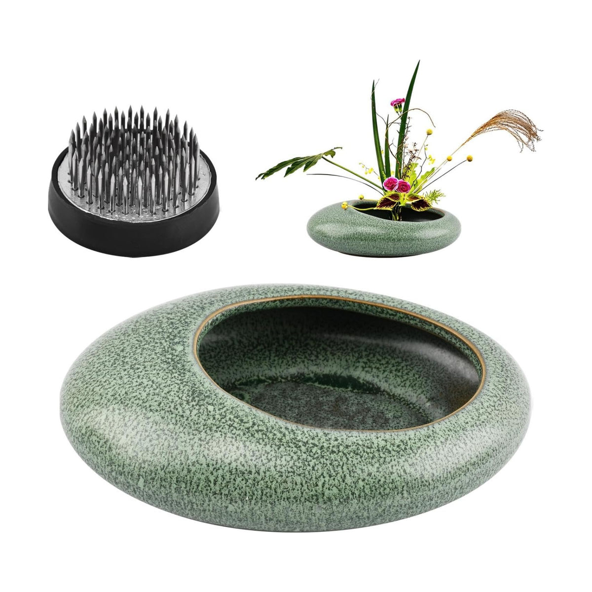 Ikebana Flower Frog Kit – Ceramic Bowl w/ 1.65" Kenzan for Japanese Arrangement