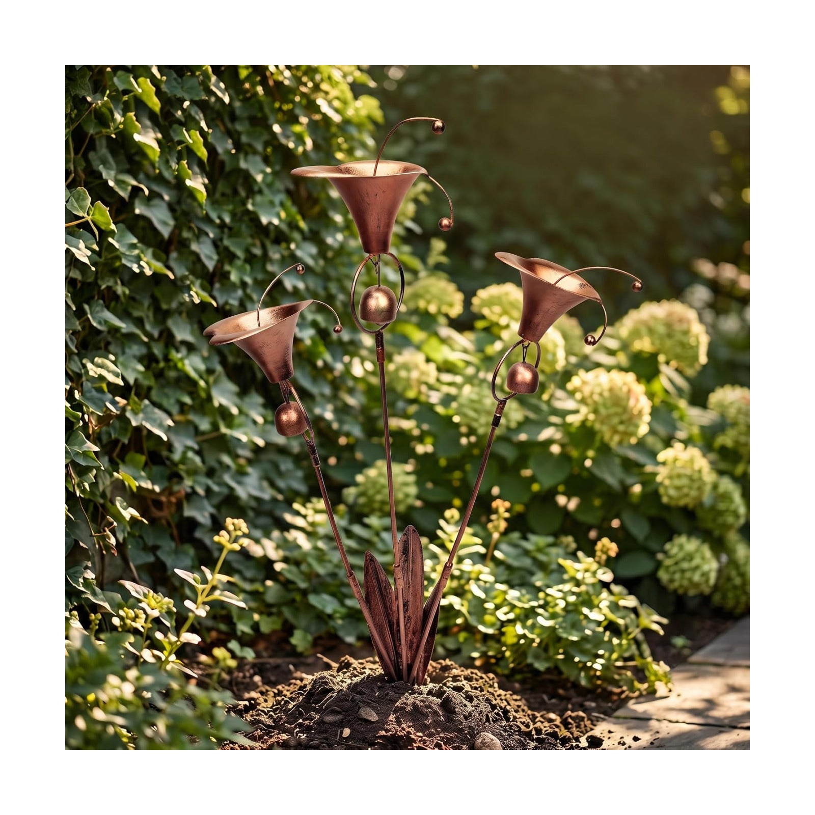 Antique Copper Flamed Three Calla Lilies Garden Stake with Bell, 24 in Handcrafted Metal Flower Yard Decor, Rustproof
