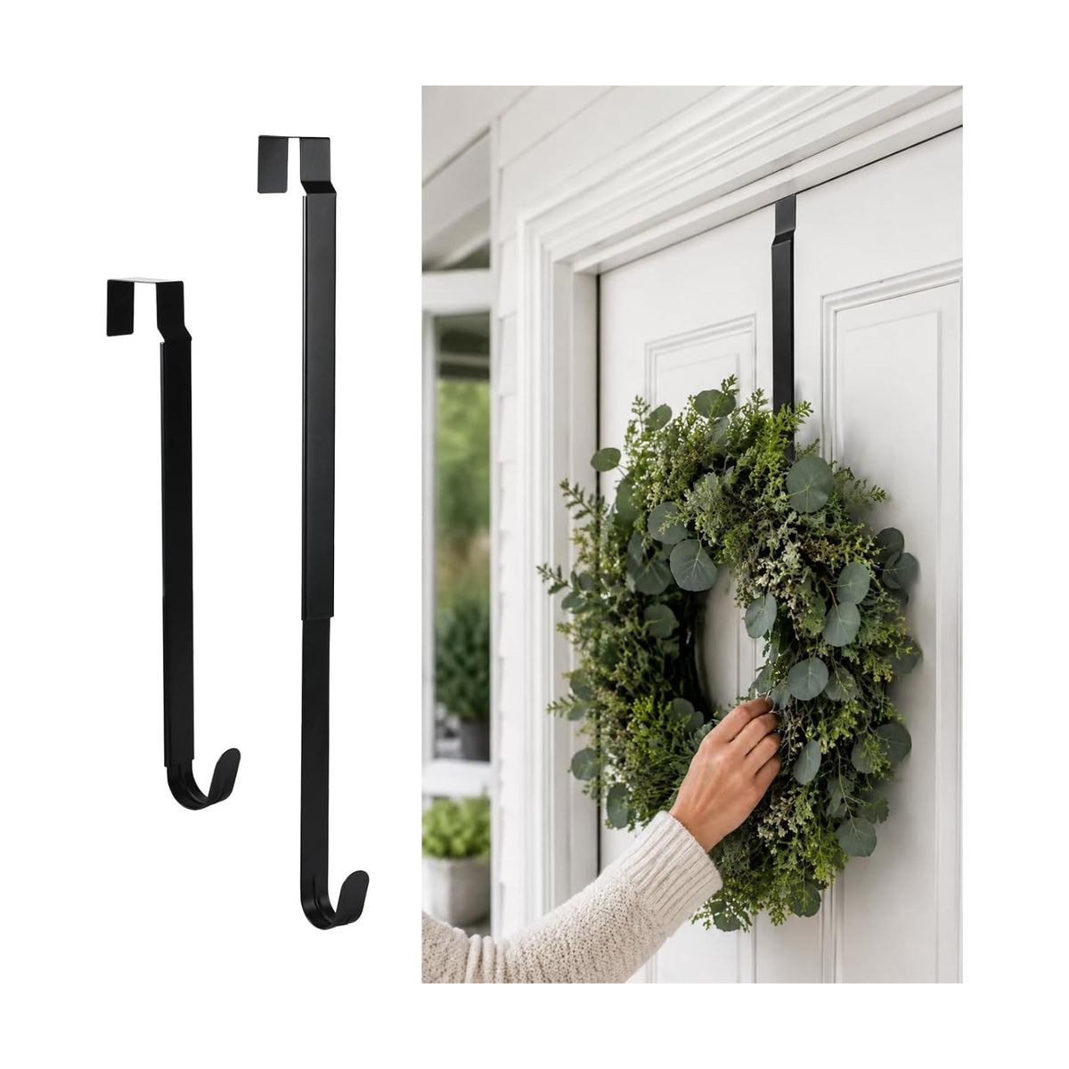 Sattiyrch Adjustable Wreath Hanger for Front Door, 14-24 Inch Ultra Thin Hook Heavy Duty Wreath Holder Supports up to 22 lbs,Black