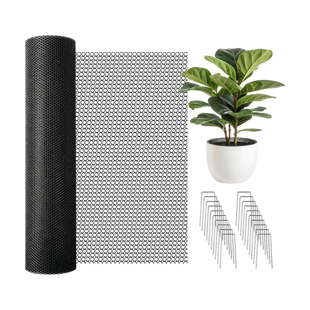 15.7"×157.5" Plant Pot Grid Set, Cat Proof Plant Protector, Cuttable Pot Soil Cover with Stakes, Breathable PE Mesh