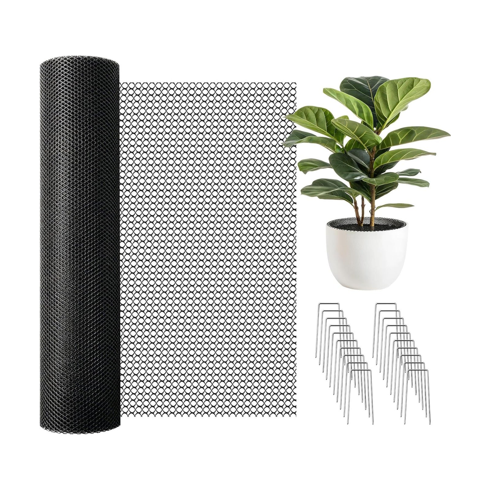 15.7"×157.5" Plant Pot Grid Set, Cat Proof Plant Protector, Cuttable Pot Soil Cover with Stakes, Breathable PE Mesh