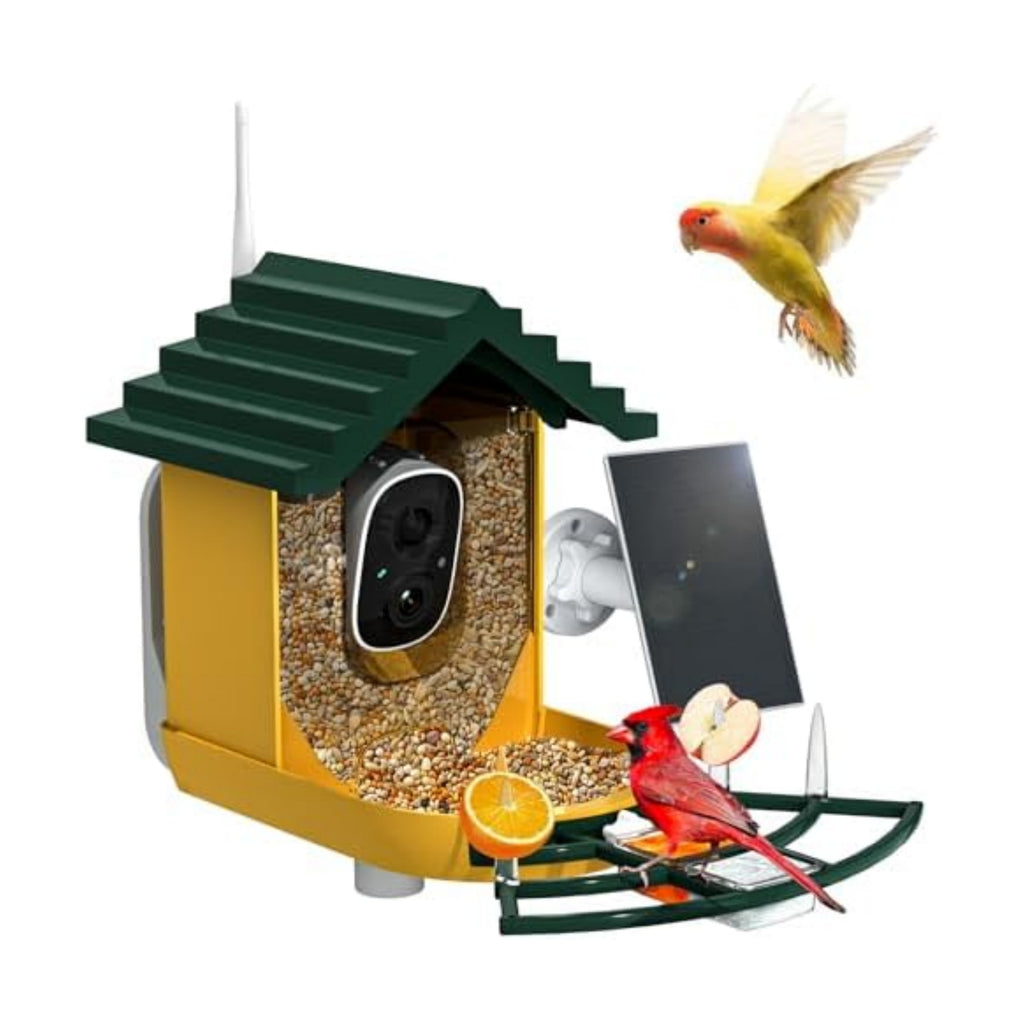 NAVFS Smart Bird Feeder with Camera Solar Powered & AI Bi rd Identification, 2.4Ghz WiFi Bird feeders for Outdoors, 2K Live Video, Instant Arrival Alerts-Green-Yellow