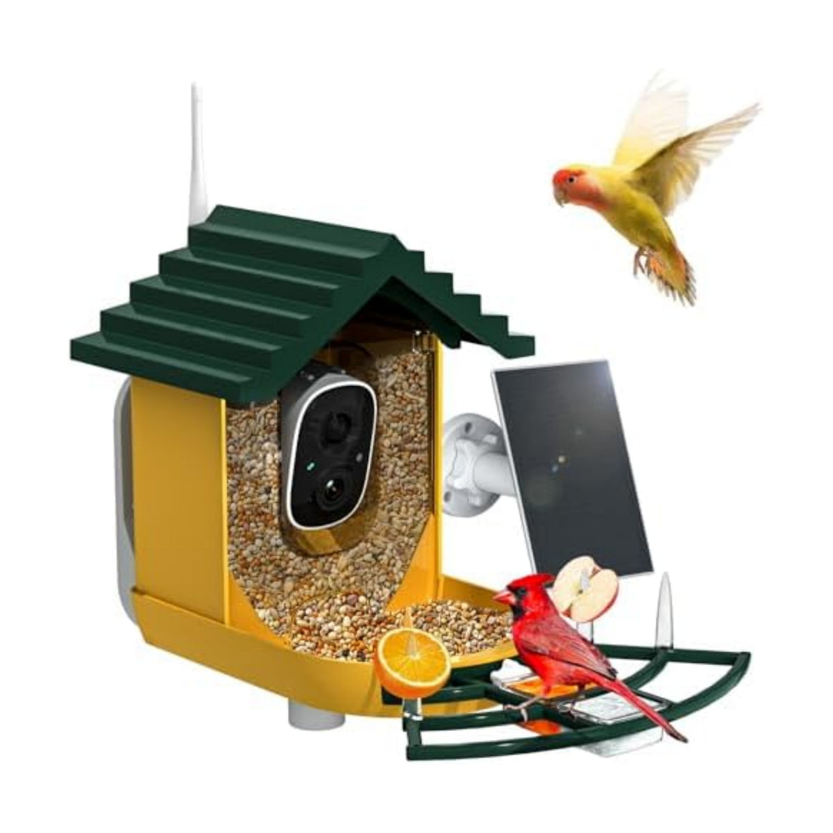 NAVFS Smart Bird Feeder with Camera Solar Powered & AI Bi rd Identification, 2.4Ghz WiFi Bird feeders for Outdoors, 2K Live Video, Instant Arrival Alerts-Green-Yellow