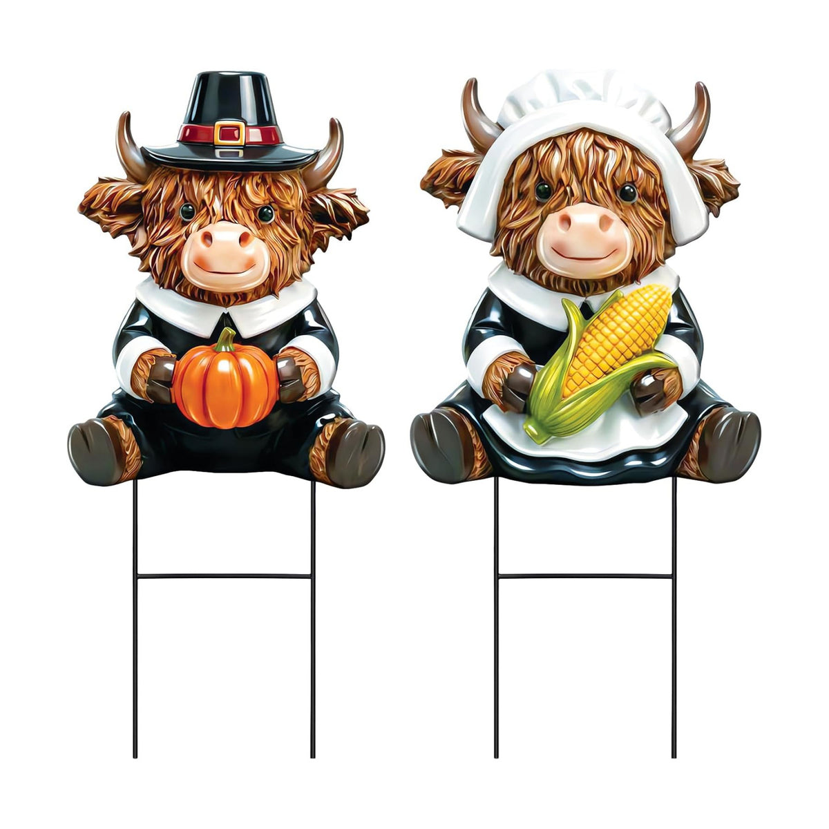 Amyhill 2 Pcs Thanksgiving Pilgrim Highland Cow Metal Garden Stakes Cow Figurines Outdoor Yard Decorations with Stakes Calf Statue Gifts Farmhouse Decor Sign for Home Lawn Porch Backyard Holiday Decor