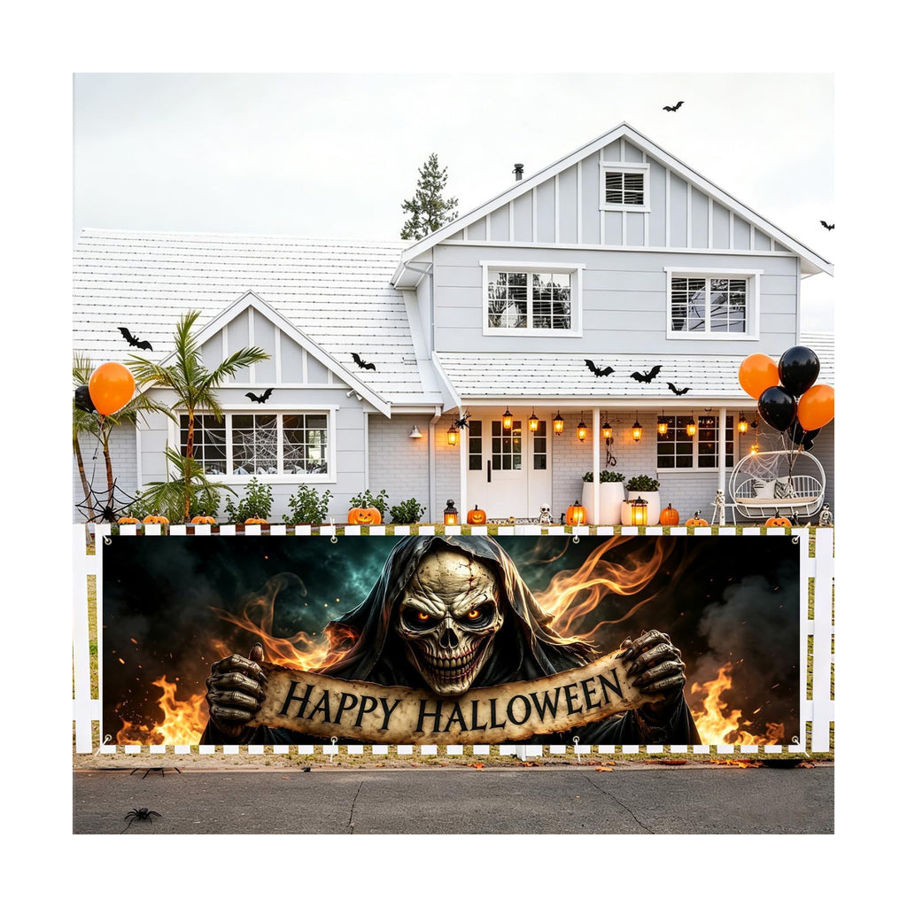 118"x35" Extra Large Happy Halloween Banner Big Spooky Halloween Backdrop for Giant Outdoor Yard Easy Hang with Ropes&Grommets–Perfect for Fence, Porch, Garden, Haunted House Party Signs (Fiery Skeleton, 118"x35")