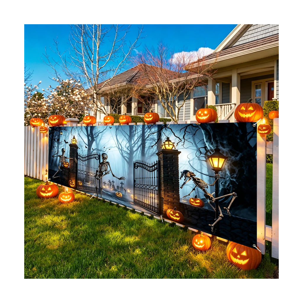 118"x35" Extra Large Happy Halloween Banner Big Spooky Halloween Backdrop for Giant Outdoor Yard Easy Hang with Ropes&Grommets–Perfect for Fence, Porch, Garden, Haunted House Party Signs (Skeleton Gate, 118"x35")