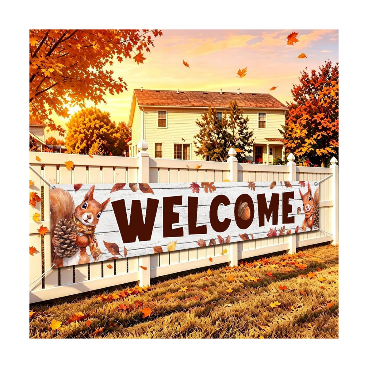 Welcome Fall Banner Happy Fall Yard Banner Squirrel Pinecones Outdoor Decor